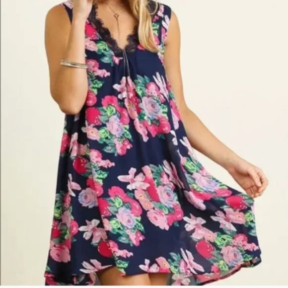 NWOT Umgee In Bloom Sleeveless Tunic Dress Floral Semi-Sheer Lace Cottage -L - Picture 1 of 11